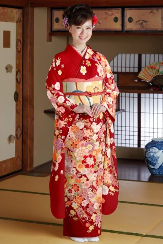 振袖レンタル 振袖Mサイズ 雲取りに熨斗目 赤