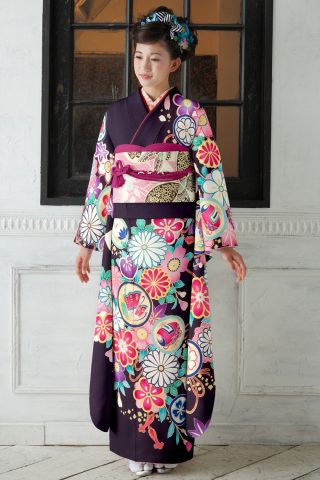 104-S-kaw0067 振袖レンタル　振袖Sサイズ　菊に光悦蝶　LENA FUJII　紫