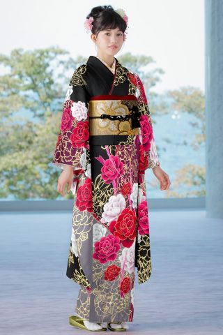 振袖レンタル 振袖LLOサイズ ブランド:CECIL McBEE 薔薇にリボン 黒