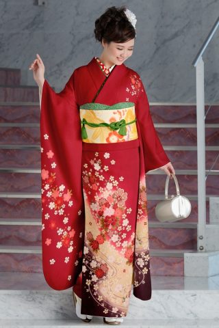 振袖レンタル 振袖Lサイズ 流水に花模様 赤