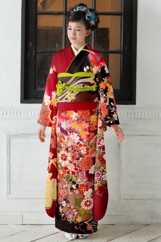 104-L-kaw0095 振袖レンタル　振袖Lサイズ　大桜に鞠　 赤