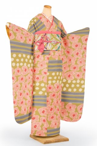 104-M-gaw0144 振袖レンタル　振袖Mサイズ　ブランド：tsumori chisato　横段椿　抹茶地