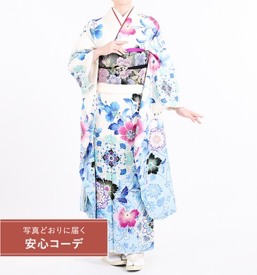 【写真どおりに届く安心コーデ】振袖レンタル　振袖Mサイズ 　ブランド：京舞×朝比奈彩　藍唐花　白/水色