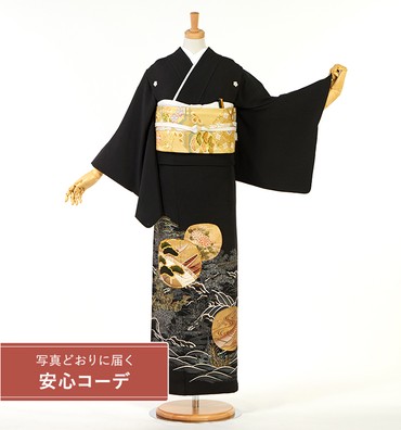 【写真どおりに届く安心コーデ】黒留袖レンタル　黒留袖SOサイズ　京友禅：千切屋　団扇絵　五つ紋：桔梗