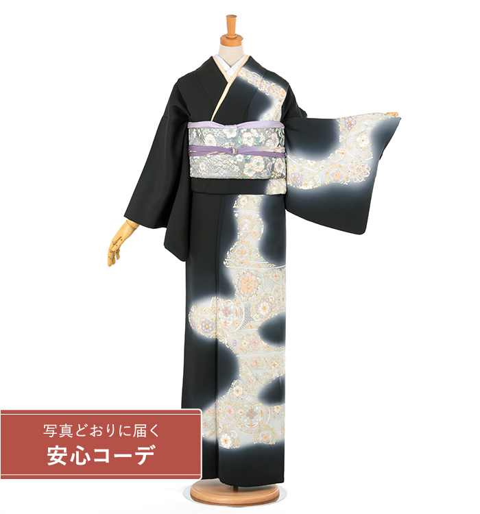 【写真どおりに届く安心コーデ】訪問着レンタル　訪問着LOサイズ　刺繍：尾峨佐染繍　華　黒/白