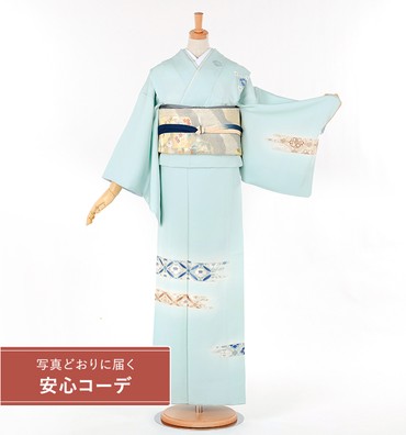 【写真どおりに届く安心コーデ】訪問着レンタル　訪問着LLサイズ　刺繍：華七宝　水色