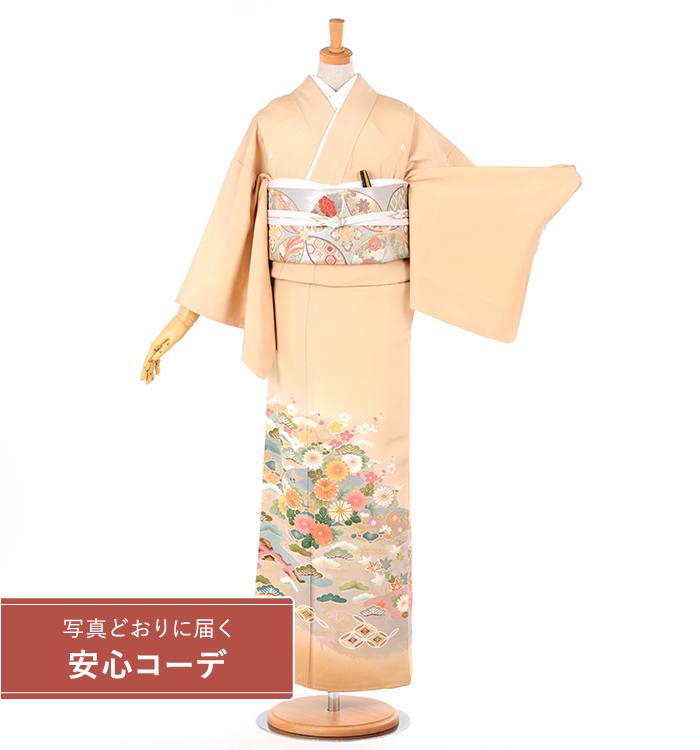 【写真どおりに届く安心コーデ】色留袖レンタル　色留袖Lサイズ　京友禅：四季花　ベージュ　五つ紋：桔梗
