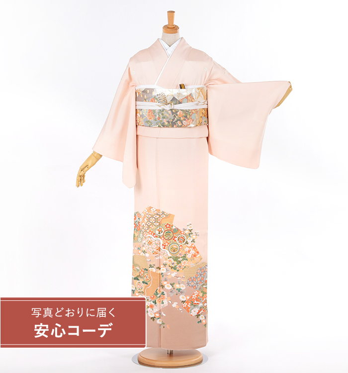 【写真どおりに届く安心コーデ】色留袖レンタル　色留袖Mサイズ　京友禅：切り嵌め四季花　薄ピンク　五つ紋：桔梗