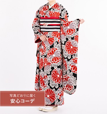 【写真どおりに届く安心コーデ】振袖レンタル　振袖Lサイズ　ブランド：和風館　大菊　黒