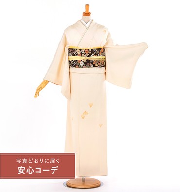 【写真どおりに届く安心コーデ】訪問着レンタル　訪問着Lサイズ　刺繍：松寿苑　勝田保子　海松文様　練色