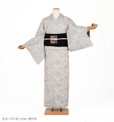 小紋レンタル　小紋Lサイズ　牛首紬：白山工房　唐花　亜麻色/御召御納戸色