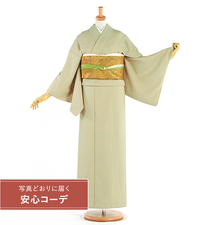 【写真どおりに届く安心コーデ】色無地レンタル　色無地LLOサイズ　ブランド：東レシルック　有職松皮色紋付　縫一つ紋：桔梗