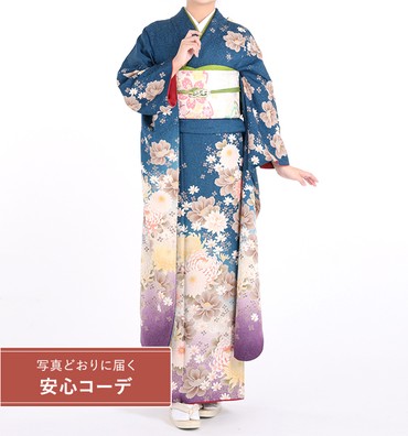 【写真どおりに届く安心コーデ】振袖レンタル　振袖Lサイズ　菊の舞　青緑