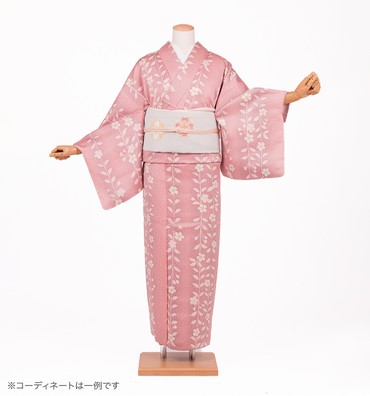 小紋レンタル　小紋Sサイズ　京友禅：蝋纈染め　枝垂れ桜　桃色/鳩羽色