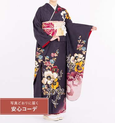 【写真どおりに届く安心コーデ】振袖レンタル　振袖LLサイズ　椿に七宝　濃青紫