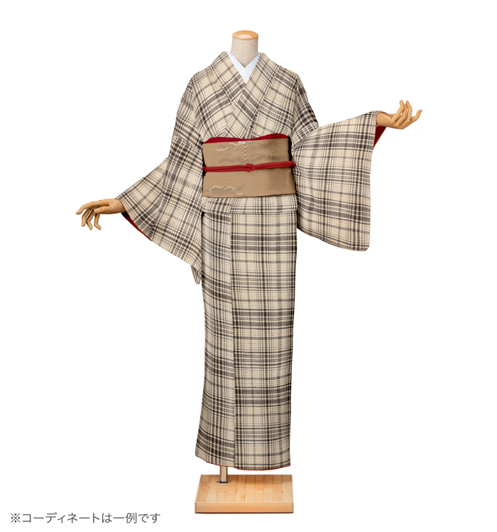 紬レンタル　紬SSサイズ　格子　蜂蜜色