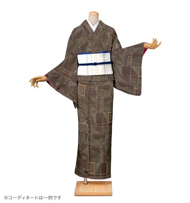 紬レンタル　紬SSサイズ　幾何文様　赤墨色