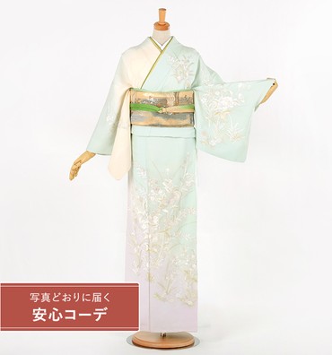 【写真どおりに届く安心コーデ】訪問着レンタル　訪問着Lサイズ　刺繍：尾峨佐染繍　華　薄緑/クリーム