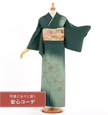 【写真どおりに届く安心コーデ】訪問着レンタル　訪問着Lサイズ　刺繍：蘇州刺繍　辻が花　深緑