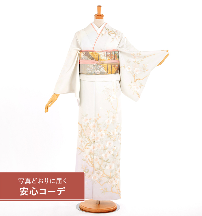 【写真どおりに届く安心コーデ】訪問着レンタル　訪問着Lサイズ　刺繍：尾峨佐染繍　枝桜　薄グレー/水色/紫
