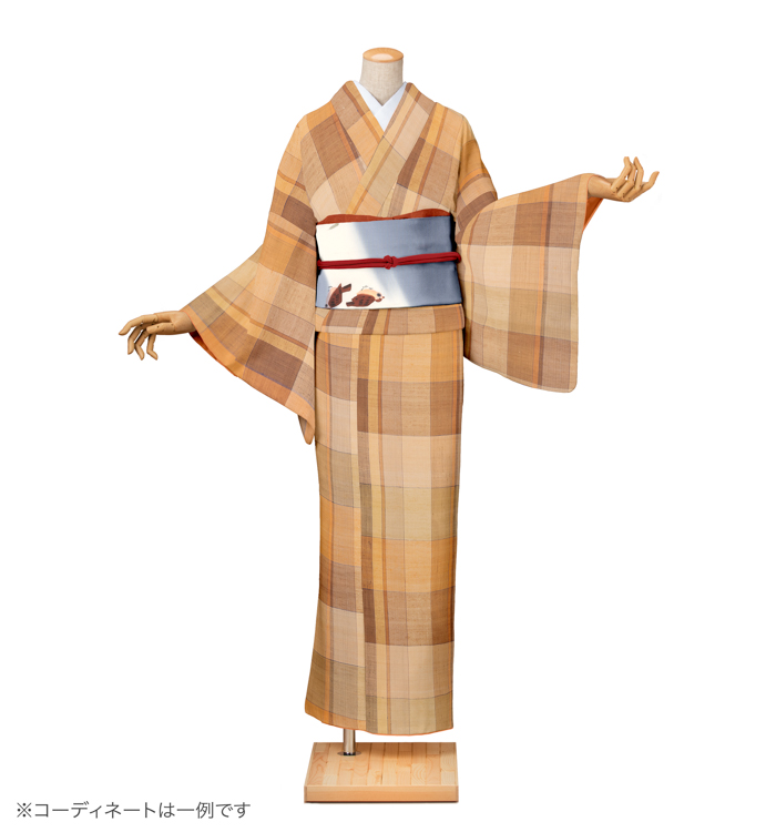 紬レンタル　紬SSサイズ　格子　狐色