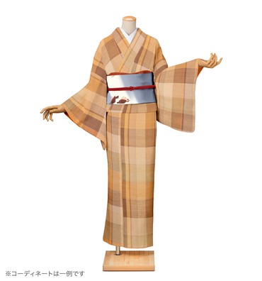 紬レンタル　紬SSサイズ　格子　狐色