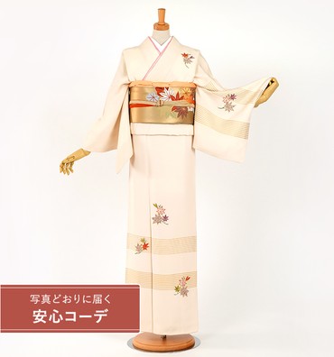 【写真どおりに届く安心コーデ】訪問着レンタル　訪問着Lサイズ　京刺繍：村山刺繍店　紅葉　白ベージュ