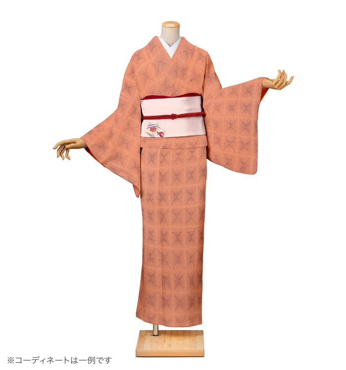 紬レンタル　紬SSサイズ　幾何文様　薄煉瓦色