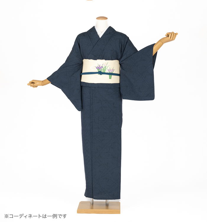 単衣紬レンタル　単衣紬SSサイズ　塩沢紬　亀甲絣幾何文様　青褐色