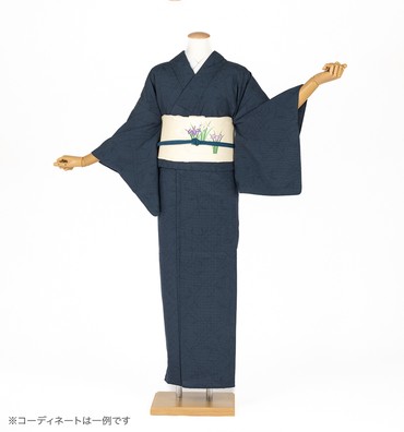 単衣紬レンタル　単衣紬SSサイズ　塩沢紬　亀甲絣幾何文様　青褐色