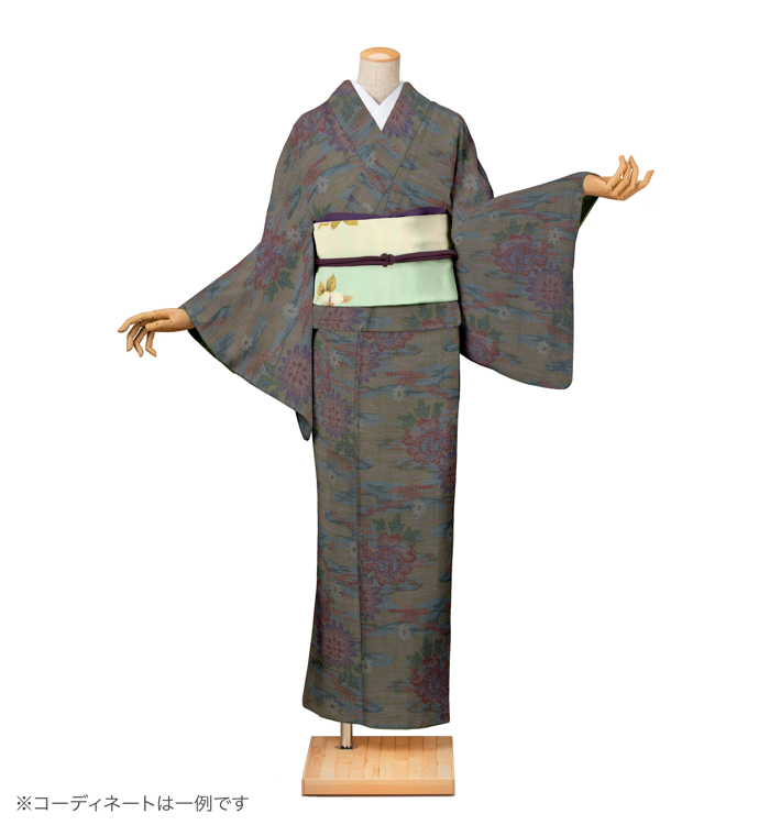 紬レンタル　紬SSサイズ　村山大島紬：霞に菊牡丹　青鈍色