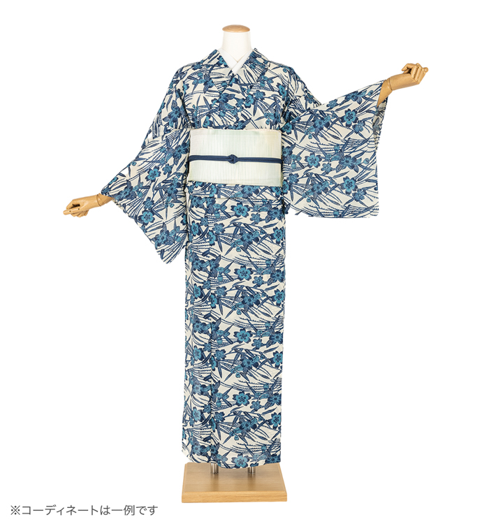 夏小紋レンタル　夏小紋Lサイズ　桜　薄香色/藍色