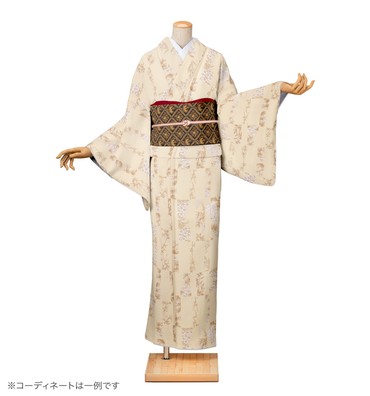 小紋レンタル　小紋Lサイズ　ブランド：HANAE MORI　市松四季花　白橡色