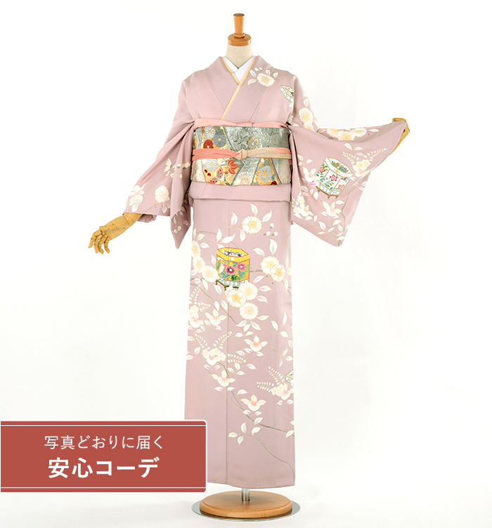 【写真どおりに届く安心コーデ】訪問着レンタル　訪問着Lサイズ　京友禅：成謙工房　花に貝桶　薄色