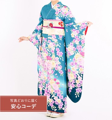 【写真どおりに届く安心コーデ】振袖レンタル　振袖Lサイズ　枝垂れ桜　深緑