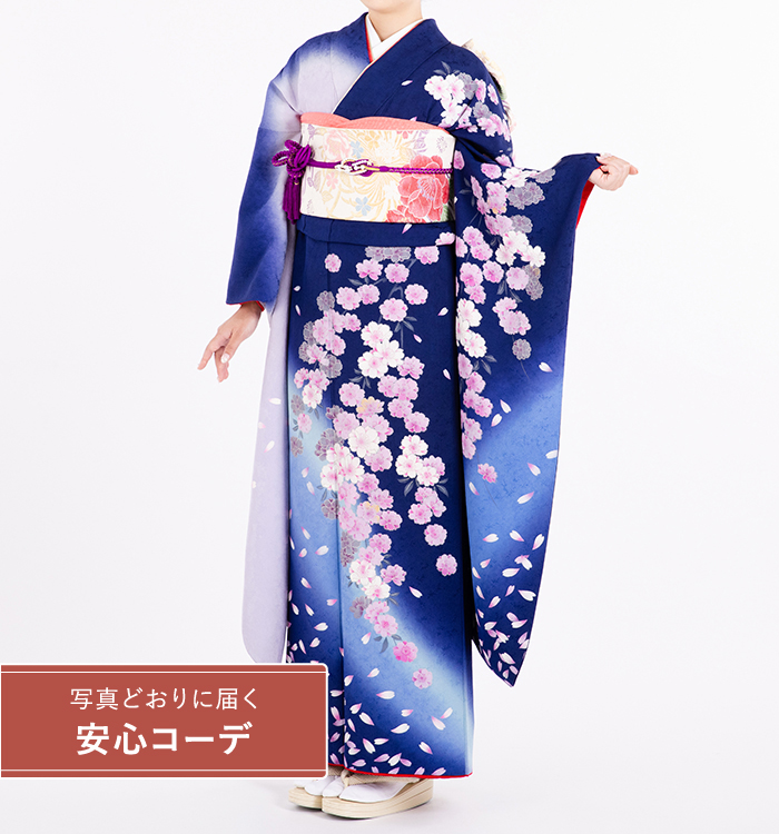 【写真どおりに届く安心コーデ】振袖レンタル　振袖Lサイズ　桜　濃紺