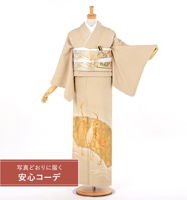 【写真どおりに届く安心コーデ】色留袖レンタル　色留袖Sサイズ  刺繍：扇面図と鶴　ベージュ　五つ紋：アゲハ蝶
