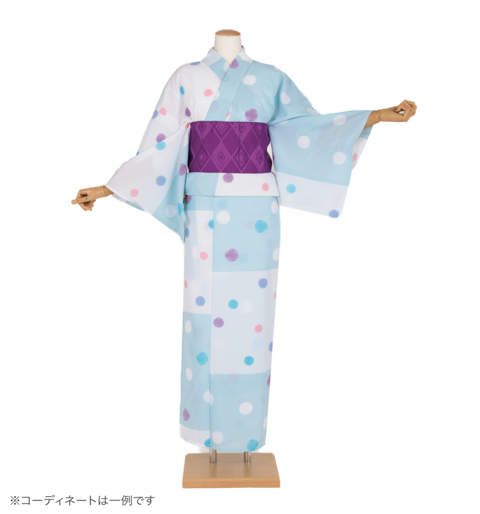 浴衣レンタル　浴衣Mサイズ　水玉　白/水色
