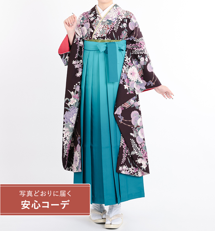 卒業式レンタル　振袖Mサイズ＋袴セット　ブランド：きもの道楽　花車　濃紫