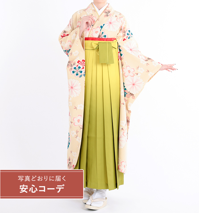 卒業式レンタル　振袖Mサイズ＋袴セット　ブランド：tsumori chisato　花散らし　クリーム