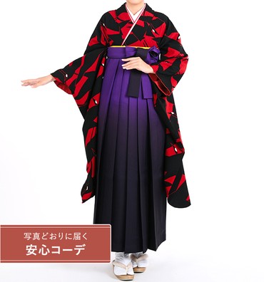 卒業式レンタル　振袖Mサイズ＋袴セット　ブランド：和風館　漆黒の鶴　赤黒