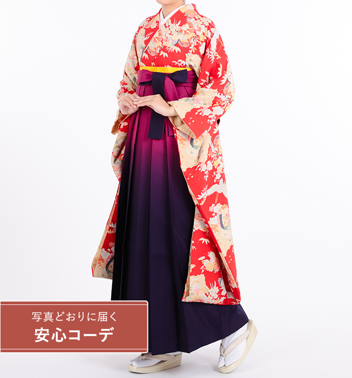 卒業式レンタル　振袖Mサイズ＋袴セット　ブランド：tsumori chisato　御所解文様　朱赤