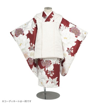 子供きもの　三ツ身着物被布セット　牡丹桜　臙脂