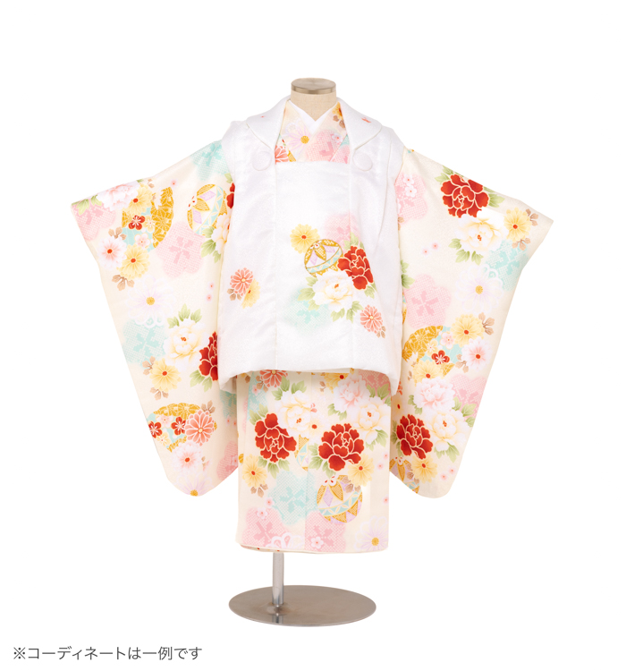 子供きもの　三ツ身着物被布セット　四季花に鞠　クリーム