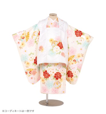 子供きもの　三ツ身着物被布セット　四季花に鞠　クリーム