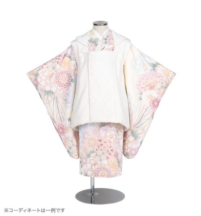 子供きもの　三ツ身着物被布セット　四季花に紐　クリーム