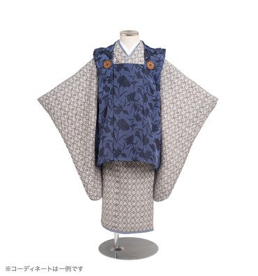 子供きもの　三ツ身着物被布セット　幾何文様　濃グレー