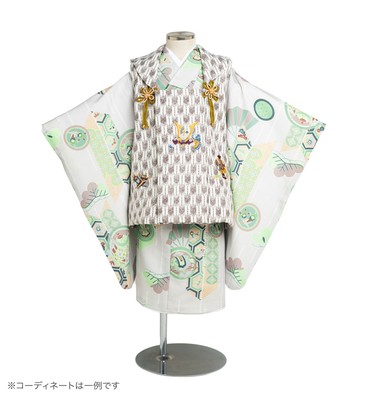 子供きもの　三ツ身着物被布セット　松に宝尽くし　薄グレー