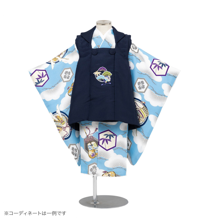 子供きもの　三ツ身着物被布セット　松に兜　水色
