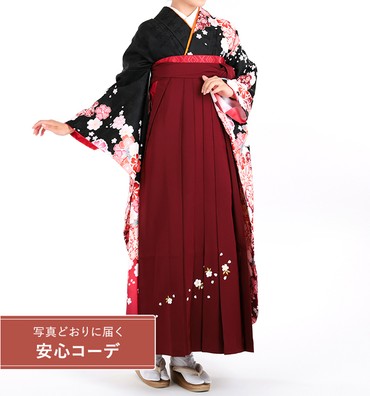 卒業式レンタル　振袖Mサイズ＋袴セット　ブランド：H・L（アッシュエル）絞り風　束熨斗桜流水　黒/赤